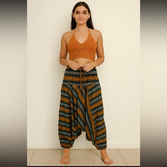 Harem Drop Crotch Striped Neutral Multicolor Striped, Pockets Unisex size S/M - Picture 1 of 14
